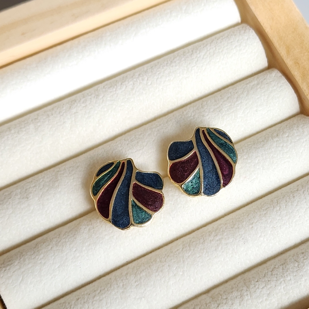 Vintage 80s Cloisonne Enamel Blue Green Purple Stud Earrings Retro Gold Tone - Picture 4 of 6